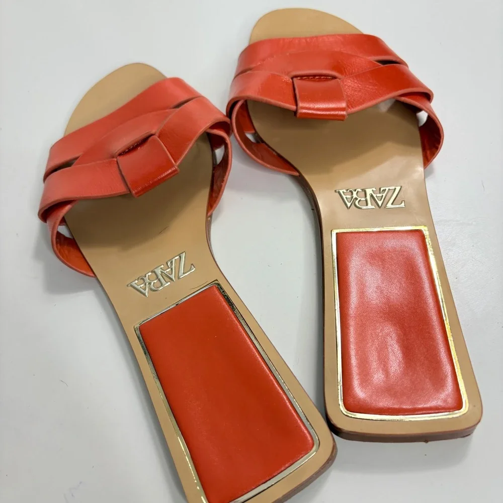 Zara Women Orange Red Interwoven Leather Flat Slide Sandals Square Toe Size 38